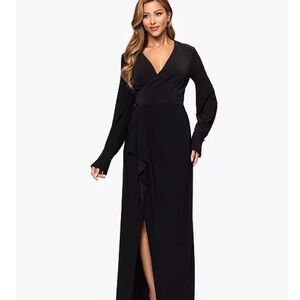 Xscape Black Long Sleeve Wrap Dress v neck size 6